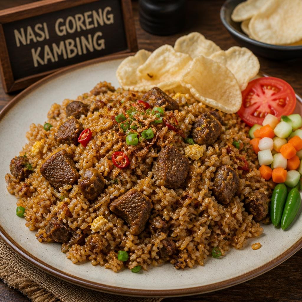 Nasi Goreng Kambing Te Sate dengan daging kambing dan bumbu gurih khas